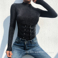 Long Sleeve Casual Bodysuit with PU belt